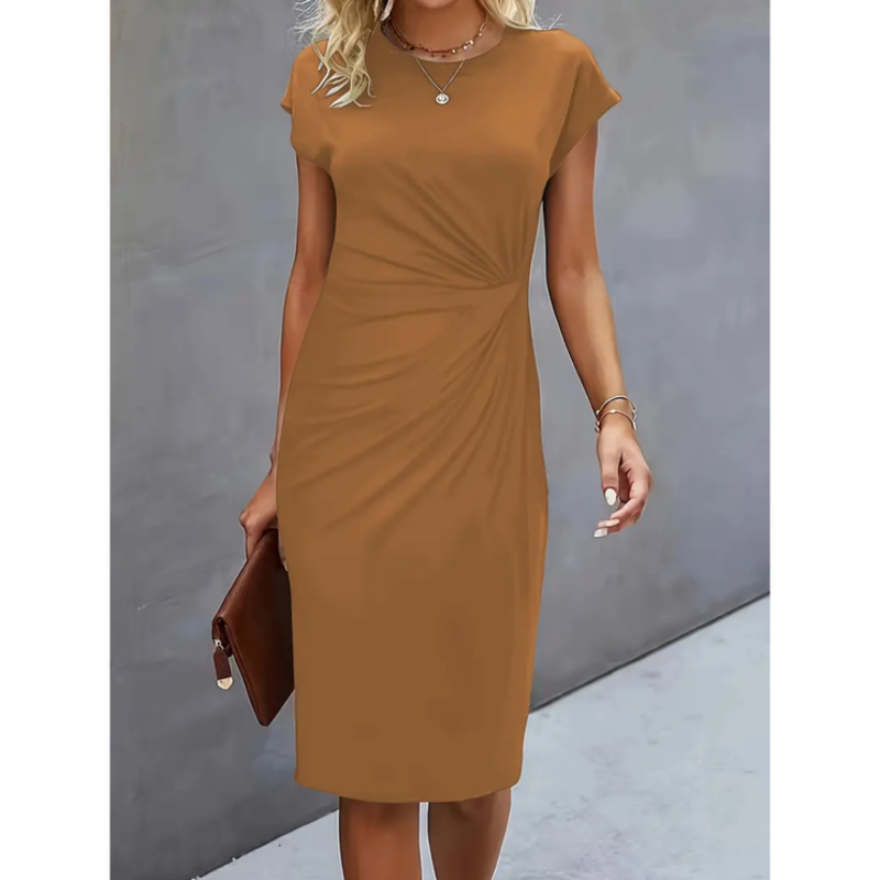 Women's midi dress - short cap sleeves gathered waist office wear