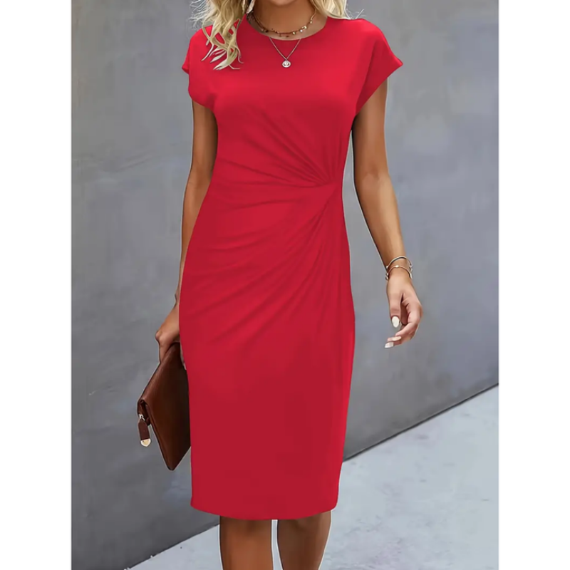 Women's midi dress - short cap sleeves gathered waist office wear