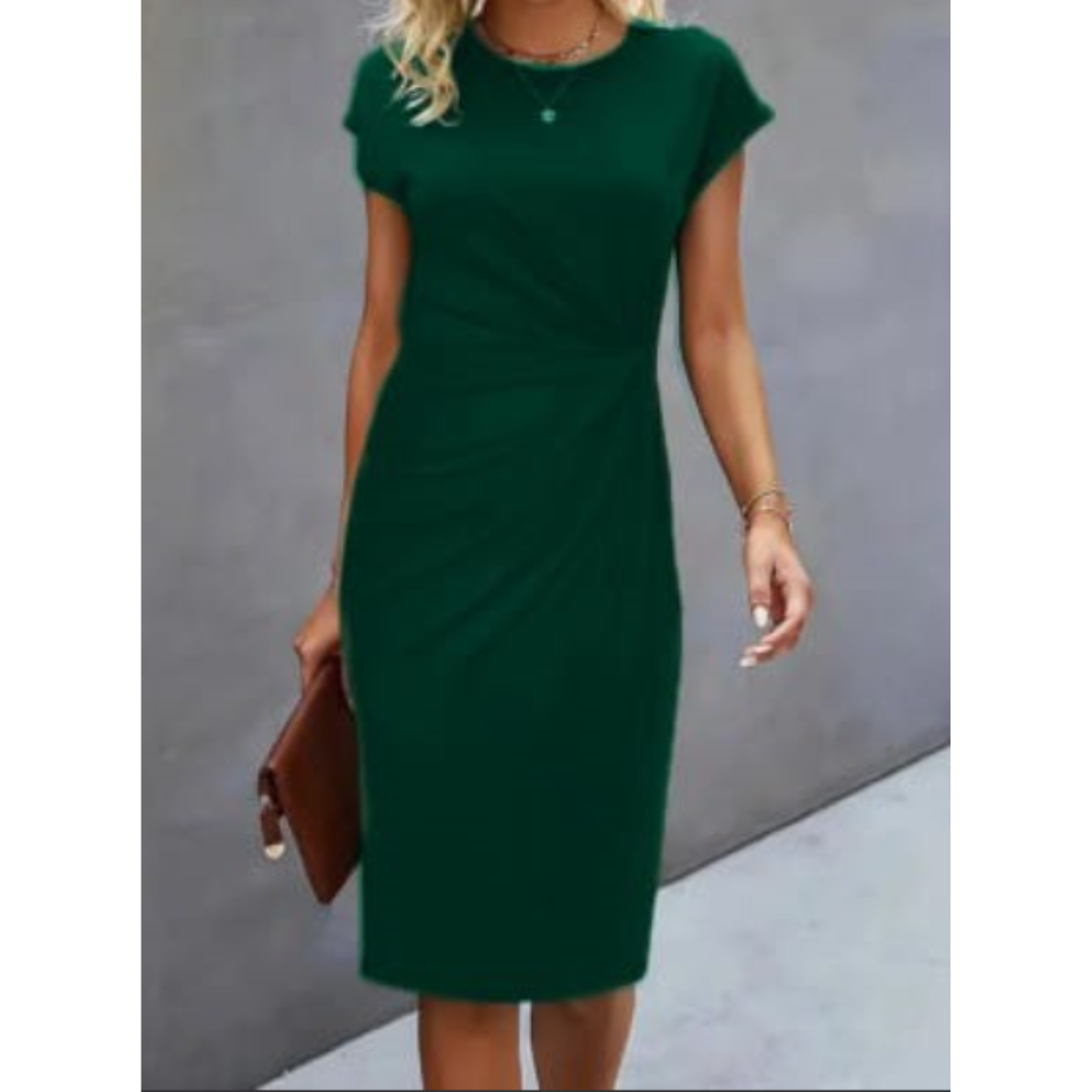 Women's midi dress - short cap sleeves gathered waist office wear