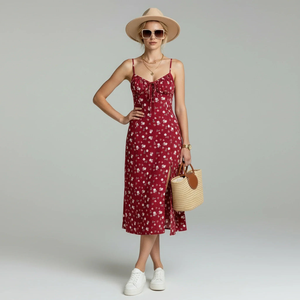 Women's Floral Midi Dress with Spaghetti Straps and Front Slit Detail