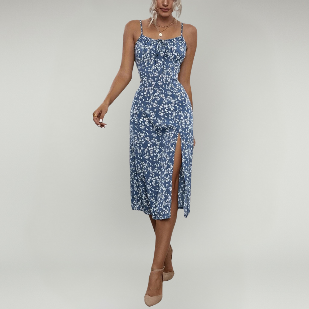 Women's Floral Midi Dress with Spaghetti Straps and Front Slit Detail
