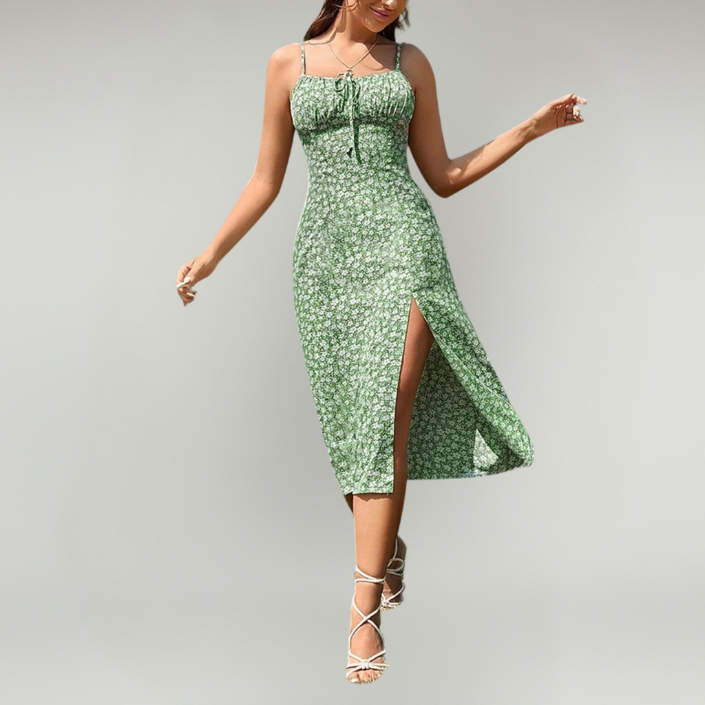 Women's Floral Midi Dress with Spaghetti Straps and Front Slit Detail