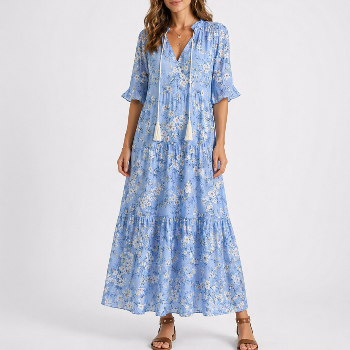 Floral Print V-Neck Midii Dress