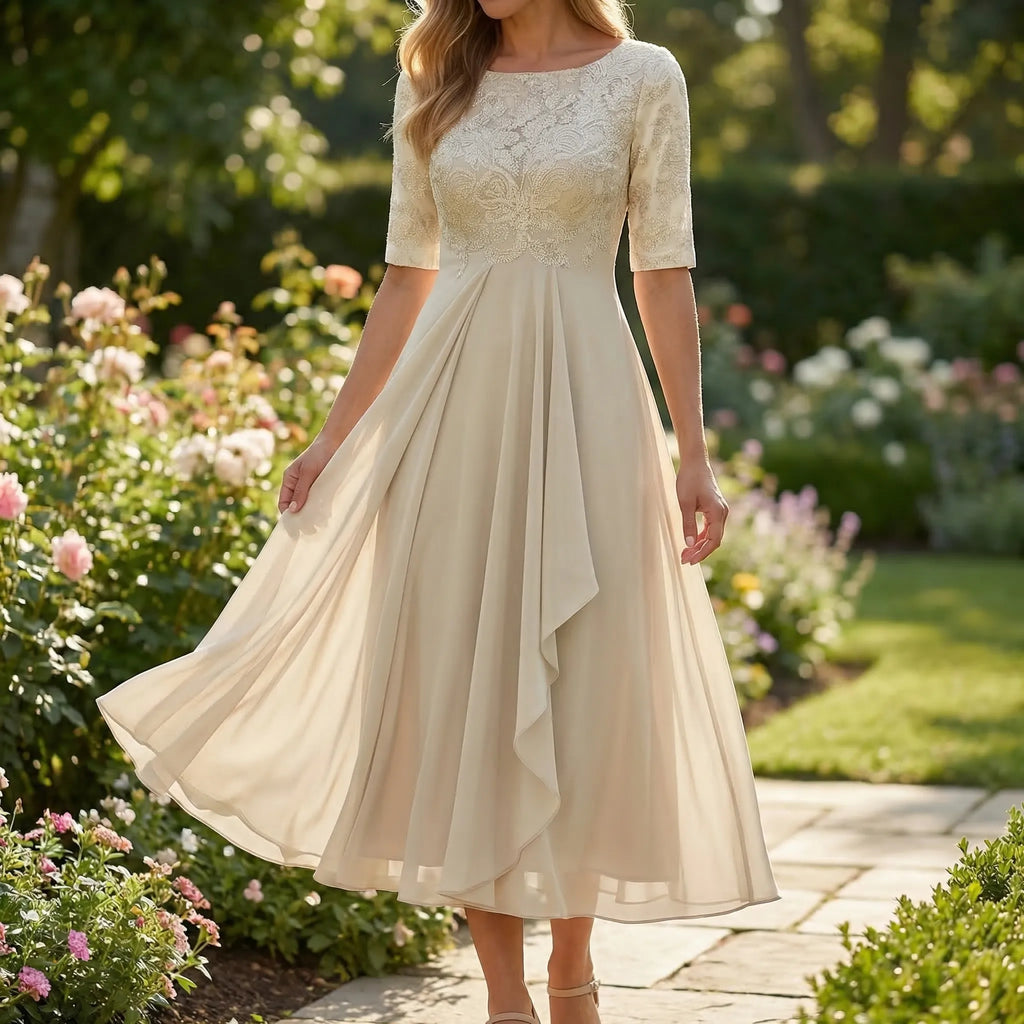 Women's summer dress - lace bodice flared midi dress for garden party