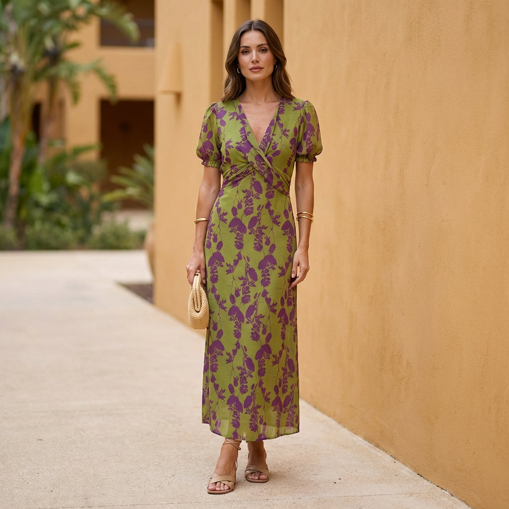 A-Line Maxi Dress V-Neck Puff Sleeve Twisted Front Floral Wedding Gues – Petroomies