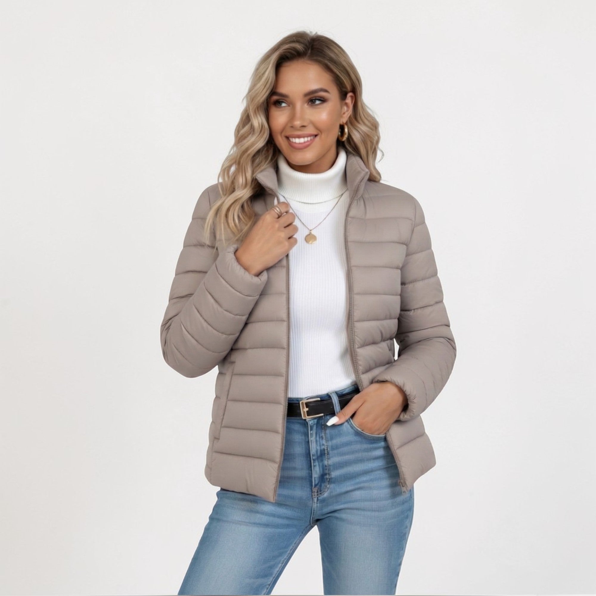 Women's Quilted Jacket Insulated Padding Stand Collar Zip Closure Casual