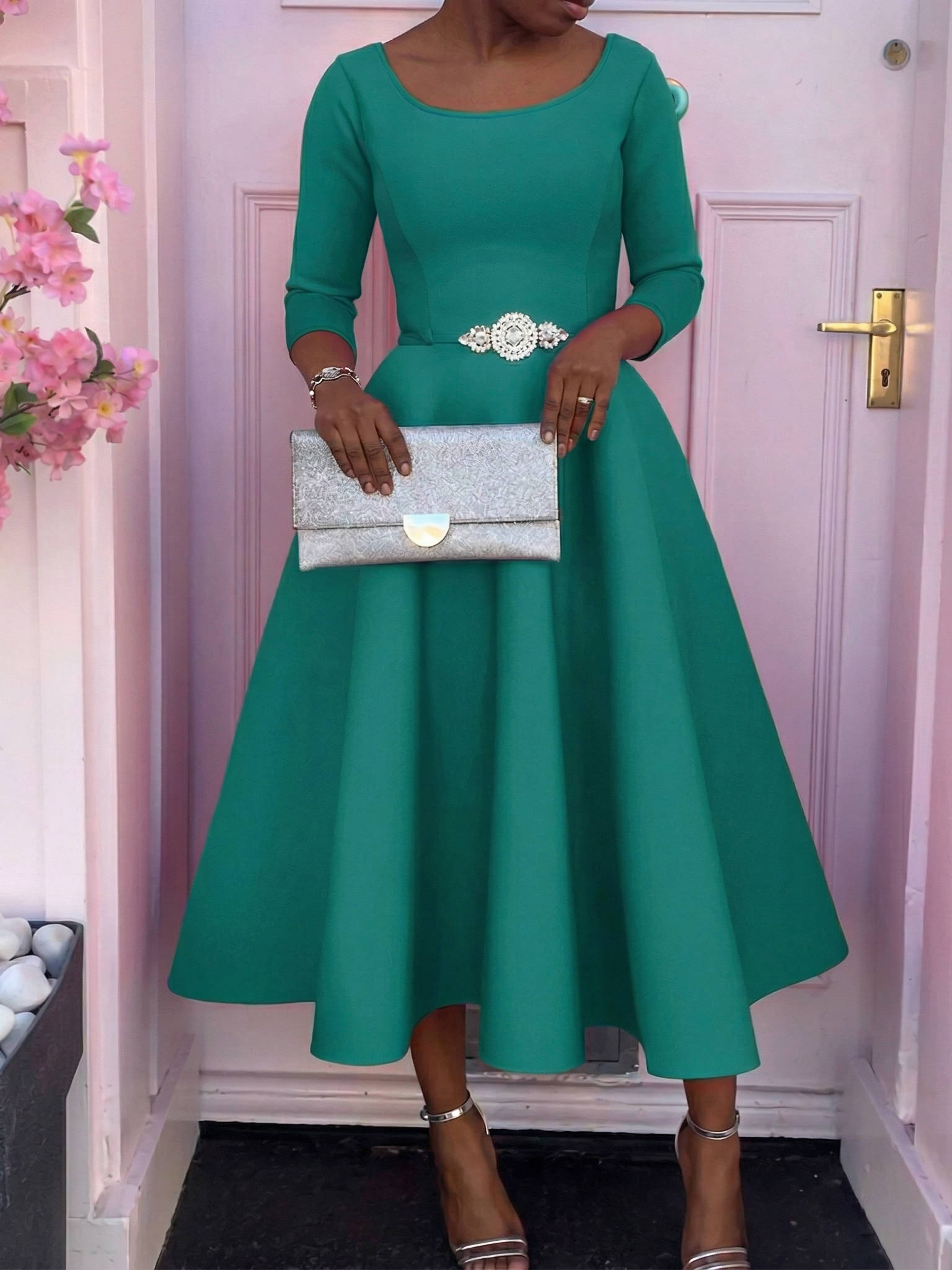 A-Line Midi Wedding Guest Dress Three Quarter Sleeve Round Neck Formal Flare Apparel