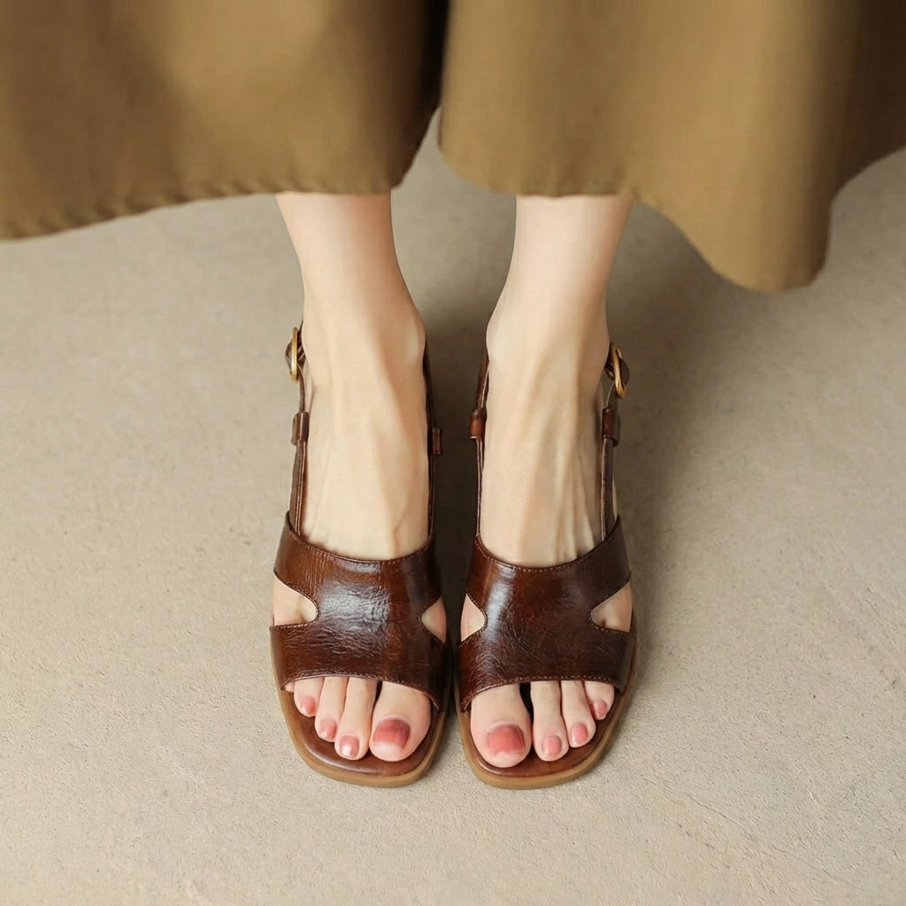 Women's Slingback Sandals Block Heel Open Toe Faux Leather Sophisticated Walking Shoes
