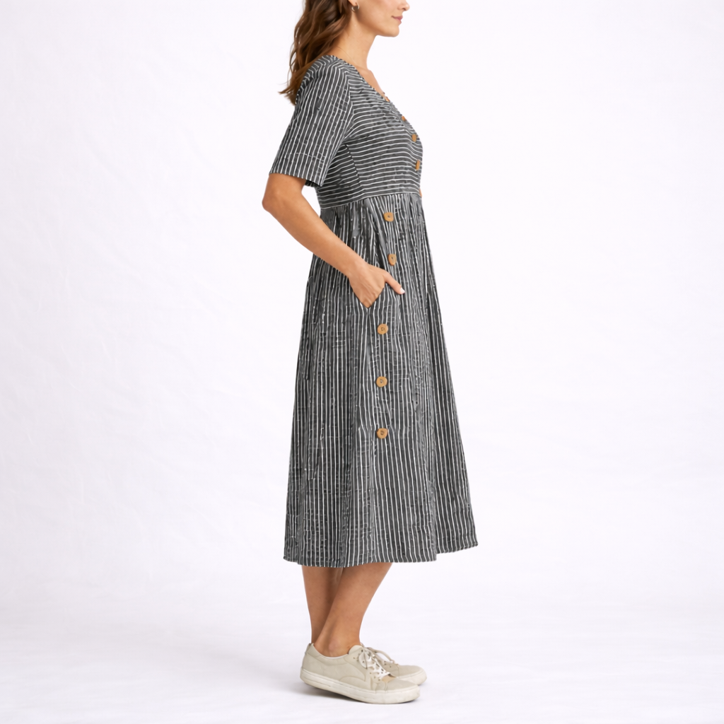 Striped Button Detail Midi Dress