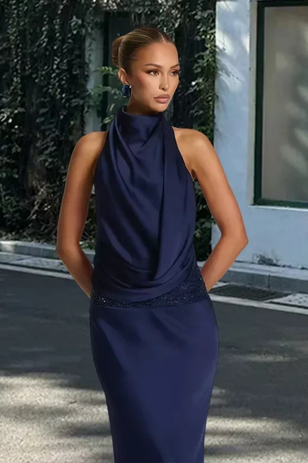 Satin Halter Neck Maxi Dress with Draped Front and Open Back