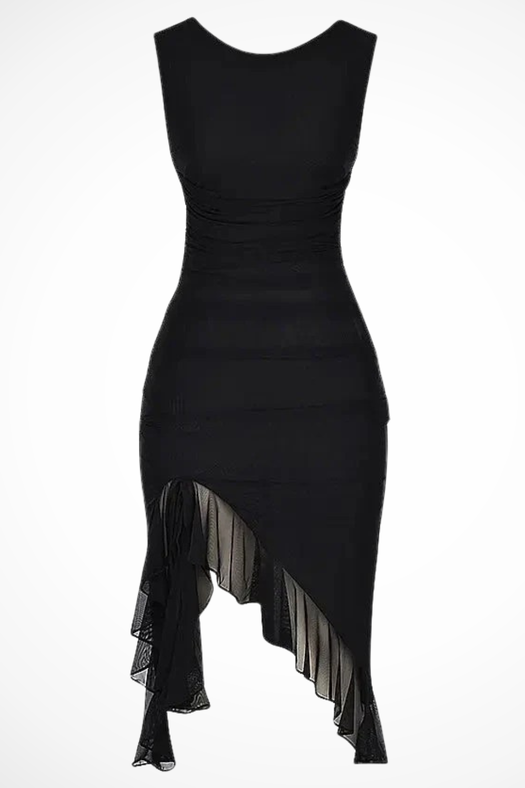 Ruched Midi Dress Sleeveless Round Neck Asymmetric Ruffle Hem Fitted Occasion Piece