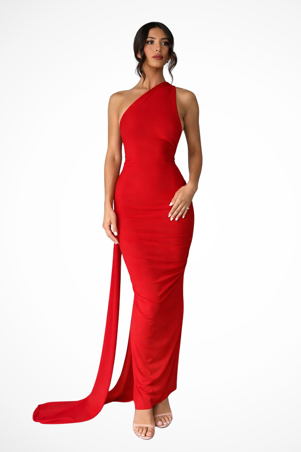 One Shoulder Backless Maxi Dress with Trailing Sash and Ruched Detail