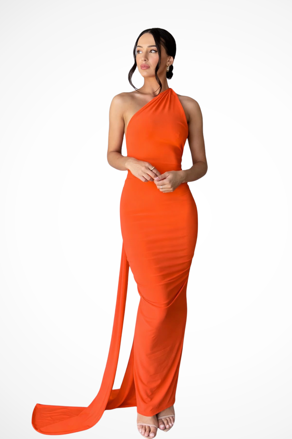 One Shoulder Backless Maxi Dress with Trailing Sash and Ruched Detail