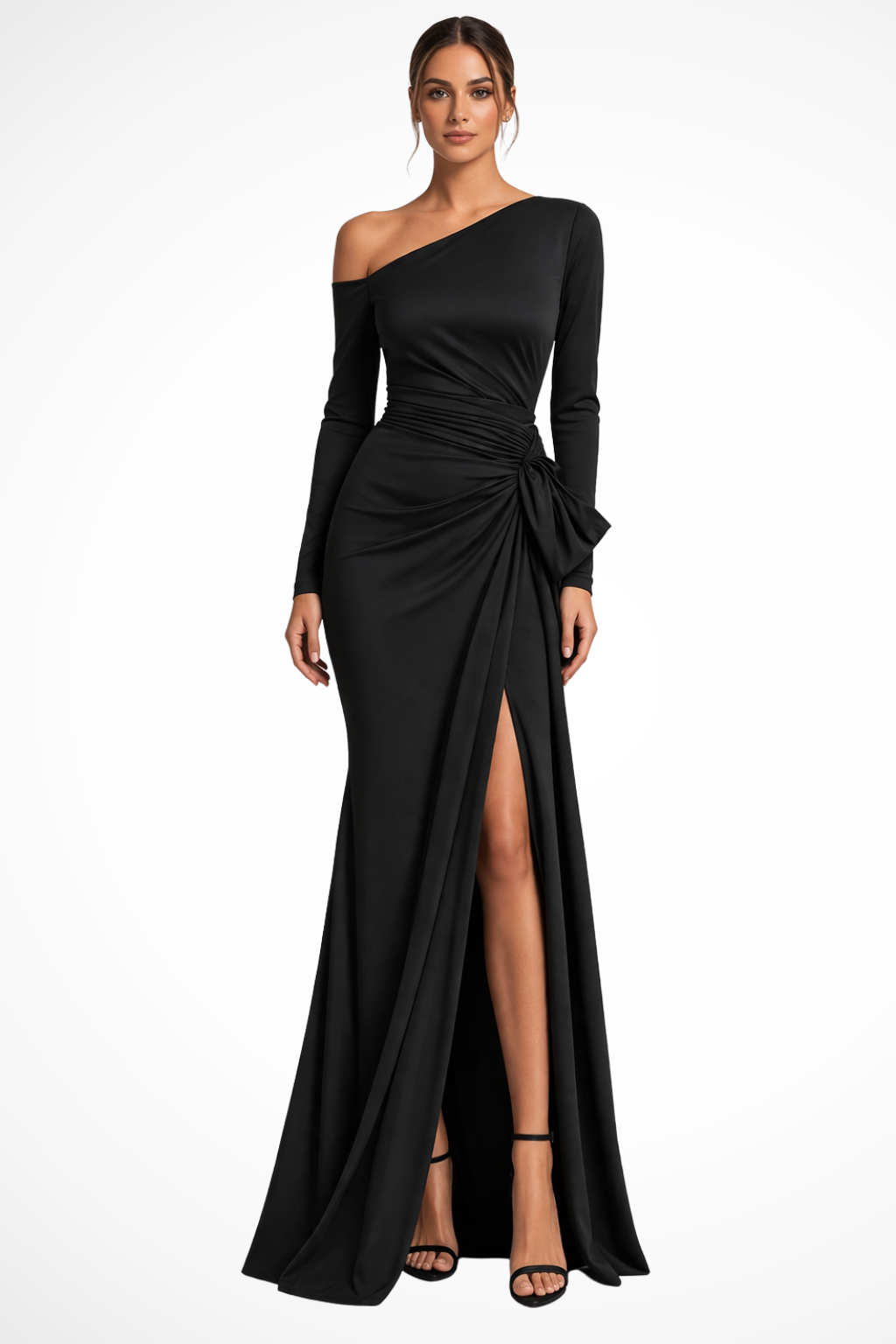 Satin One Shoulder Maxi Dress Long Sleeve Slit Evening Wedding Guest Party Dress