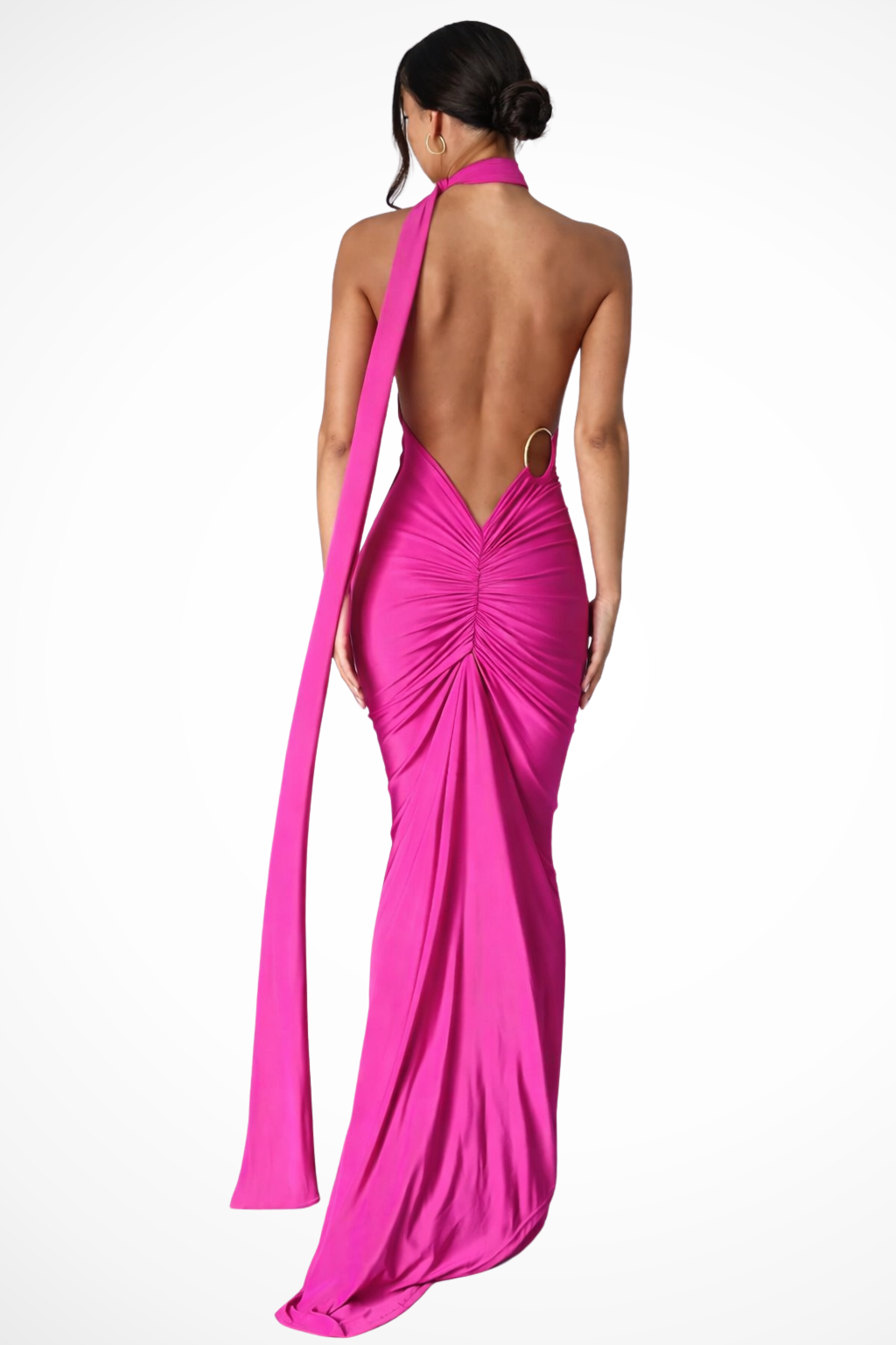 One Shoulder Backless Maxi Dress with Trailing Sash and Ruched Detail