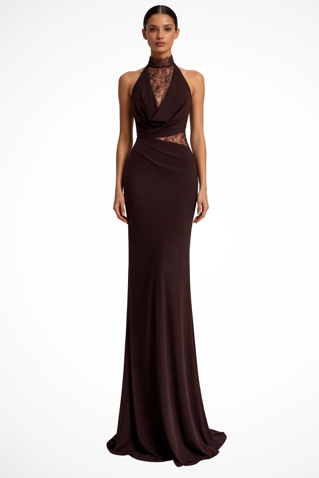 Halter Neck Lace Maxi Dress Sleeveless Wedding Guest Gown with Sheer Waist Panels