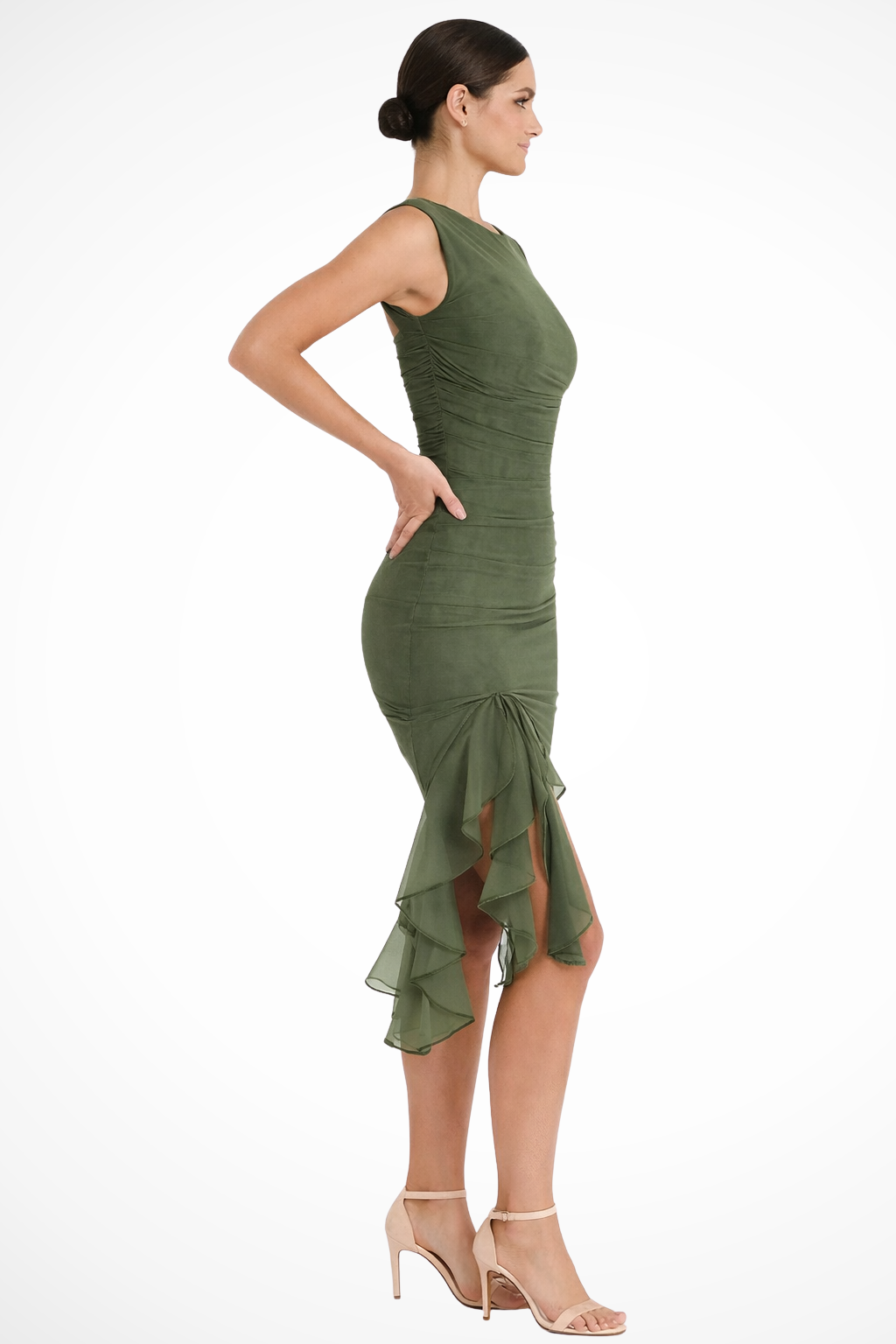 Ruched Midi Dress Sleeveless Round Neck Asymmetric Ruffle Hem Fitted Occasion Piece