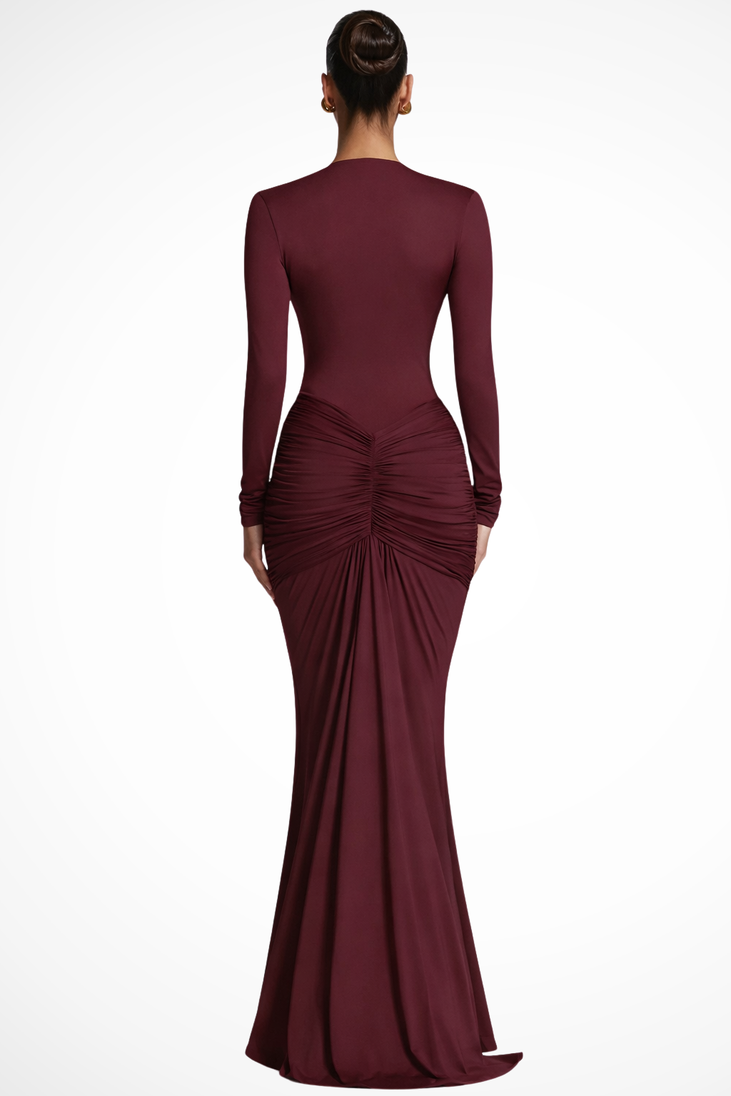 Long Sleeve Deep V-Neck Maxi Dress Ruched Fitted Wedding Guest Formal Evening Gown