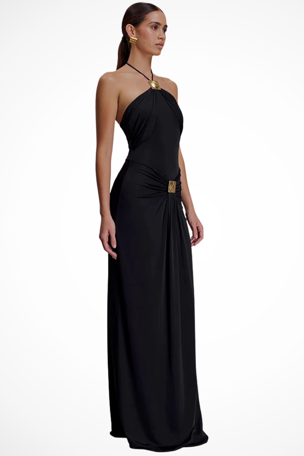 Halter Neck Maxi Dress with Square Metal Hardware Backless Bodycon Evening Gown