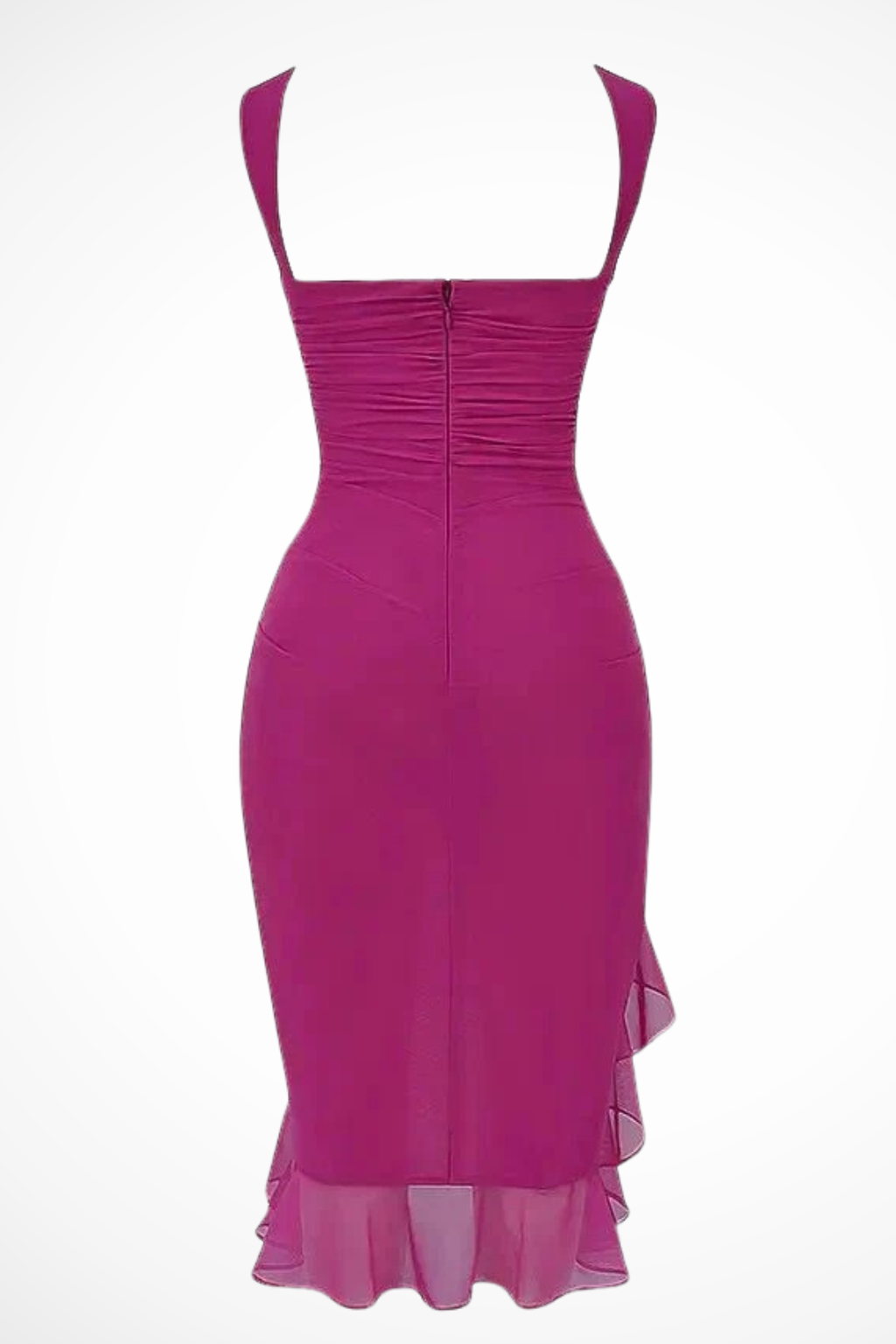 Ruched Midi Dress Sleeveless Round Neck Asymmetric Ruffle Hem Fitted Occasion Piece