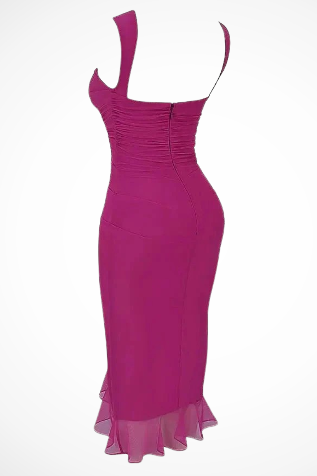 Ruched Midi Dress Sleeveless Round Neck Asymmetric Ruffle Hem Fitted Occasion Piece