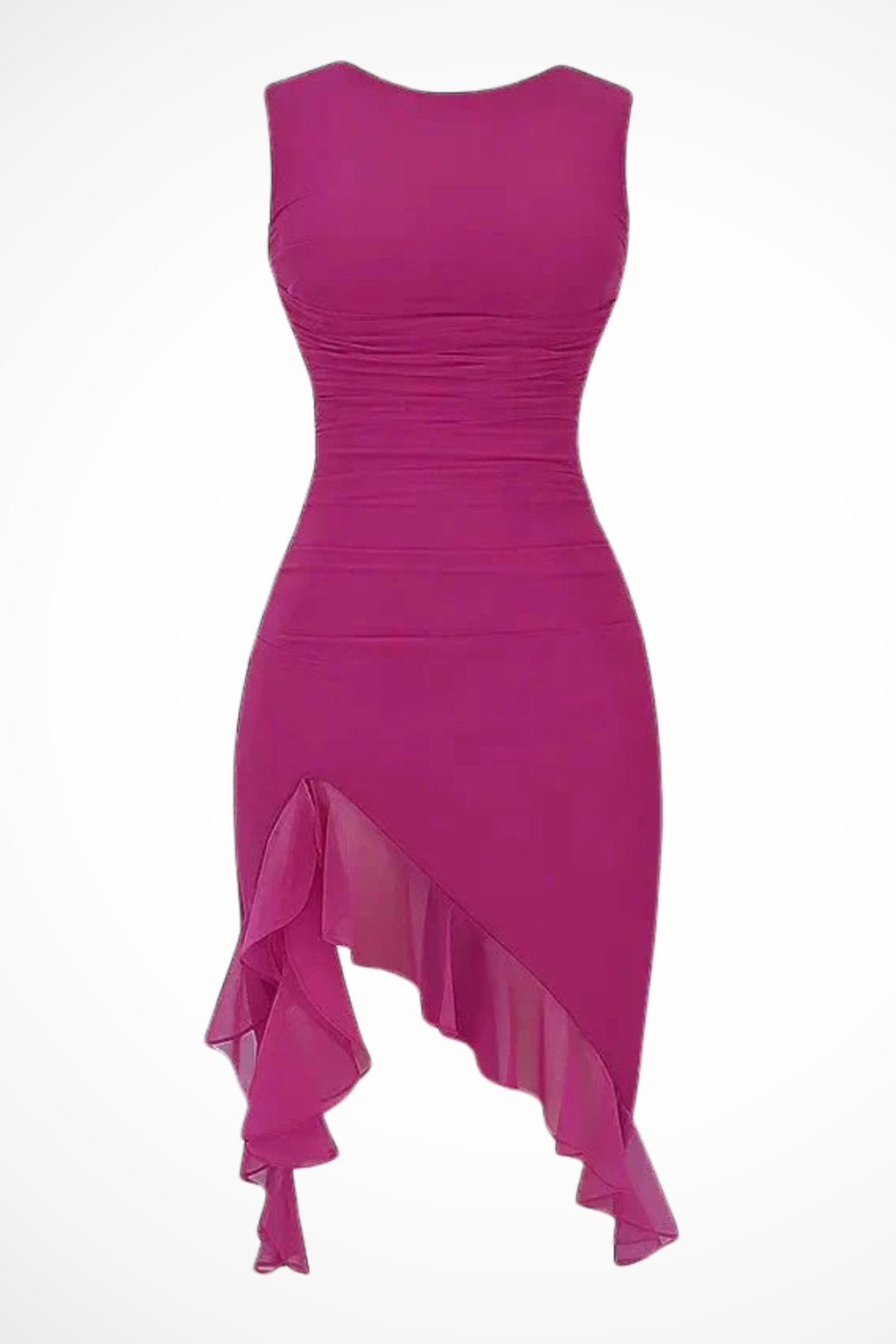 Ruched Midi Dress Sleeveless Round Neck Asymmetric Ruffle Hem Fitted Occasion Piece
