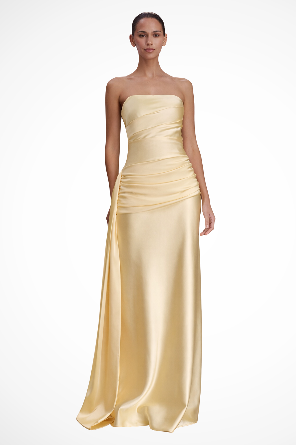 Strapless Ruched Satin Maxi Dress Wedding Guest Evening Gown with Bodycon Fit