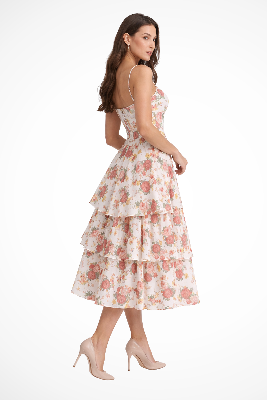 Floral Corset Midi Dress Thin Straps Tiered A-Line Skirt Wedding Guest Apparel