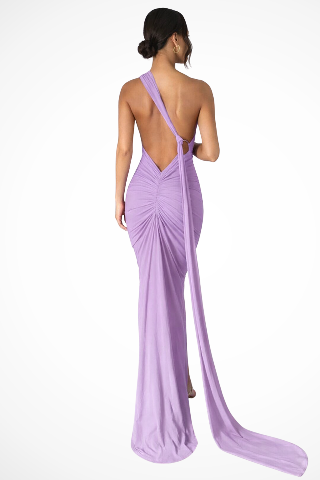 One Shoulder Backless Maxi Dress with Trailing Sash and Ruched Detail