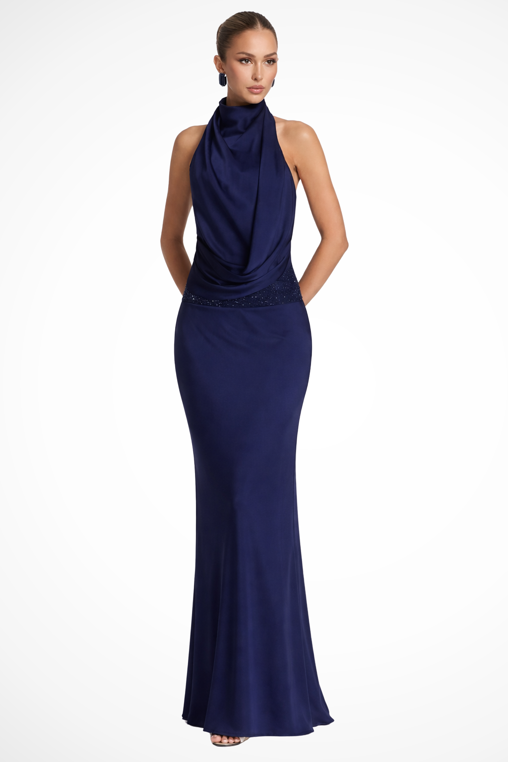 Satin Halter Neck Maxi Dress with Draped Front and Open Back