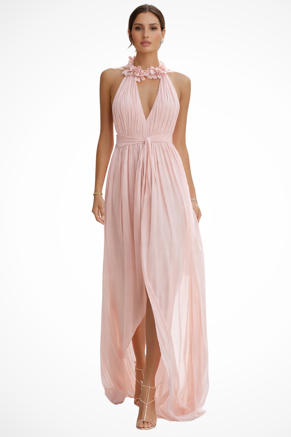 Halter Neck Pleated Chiffon Maxi Dress Deep V-Neck Sleeveless Front Slit Occasion Dress