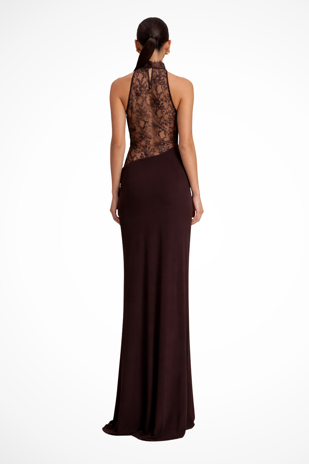 Halter Neck Lace Maxi Dress Sleeveless Wedding Guest Gown with Sheer Waist Panels