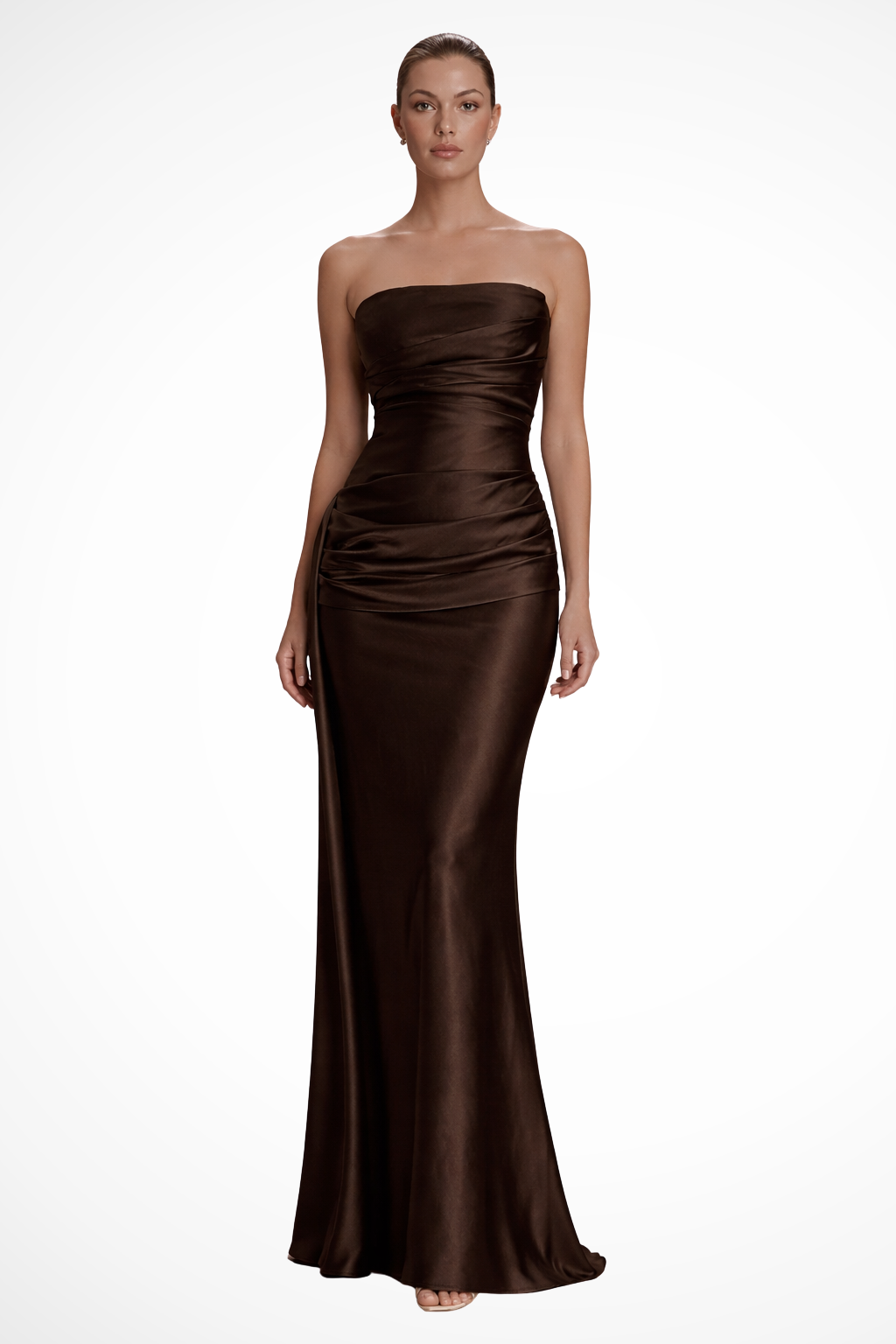 Strapless Ruched Satin Maxi Dress Wedding Guest Evening Gown with Bodycon Fit