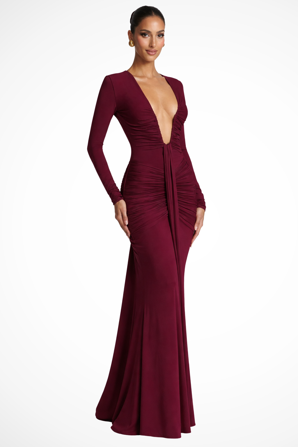 Long Sleeve Deep V-Neck Maxi Dress Ruched Fitted Wedding Guest Formal Evening Gown