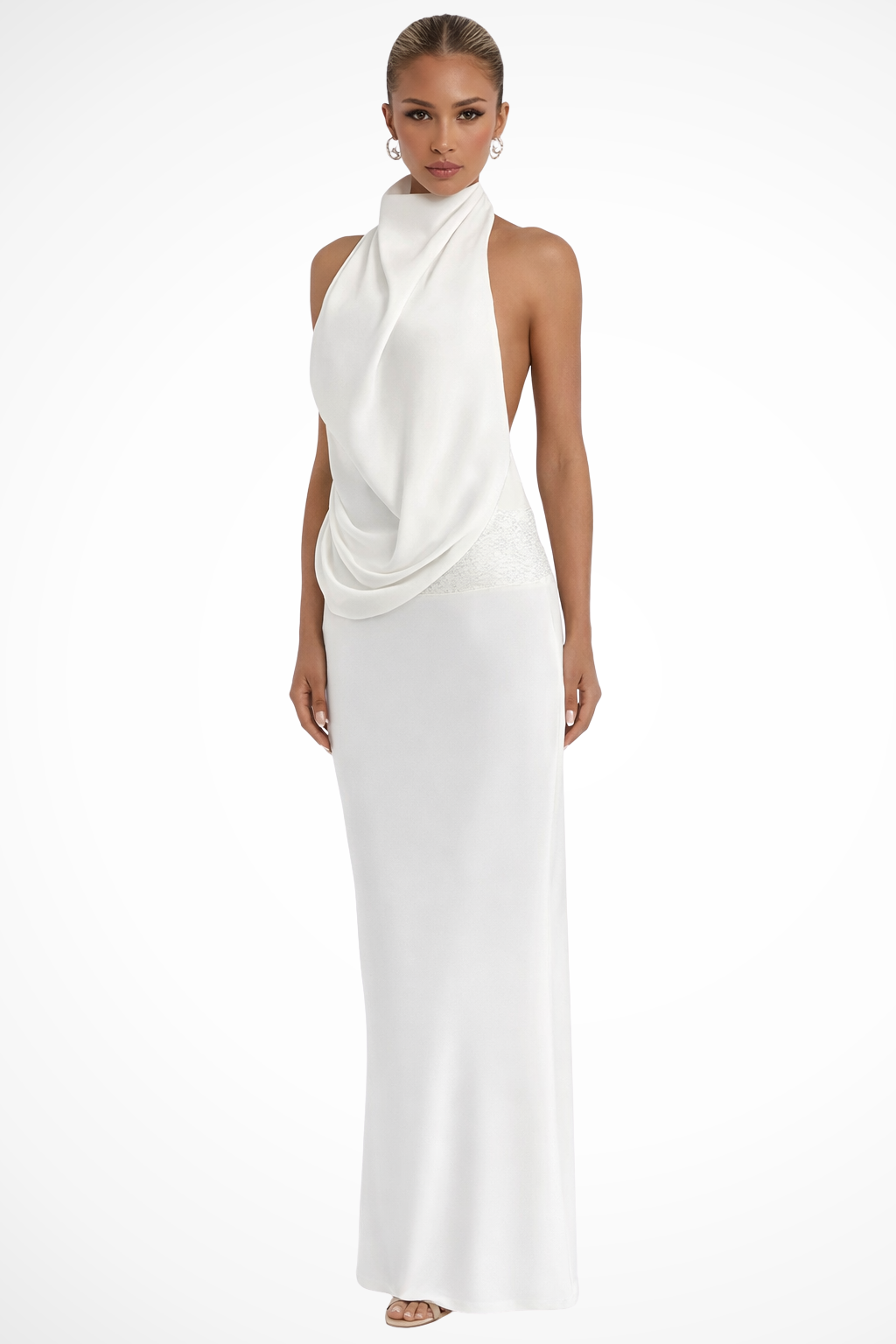 Satin Halter Neck Maxi Dress with Draped Front and Open Back