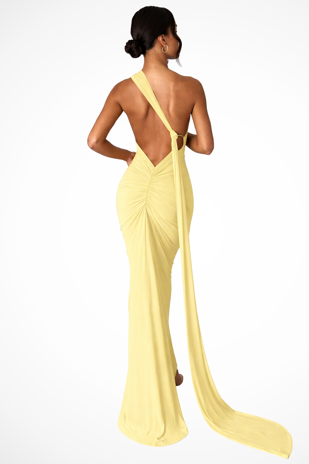 One Shoulder Backless Maxi Dress with Trailing Sash and Ruched Detail