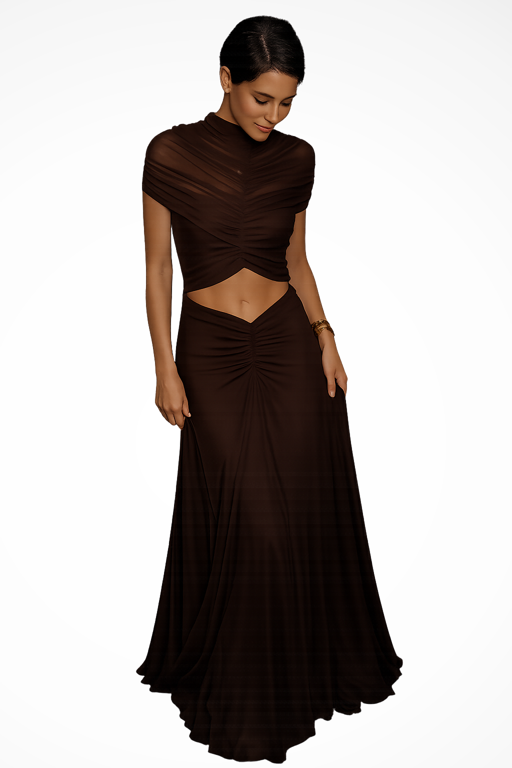 High Neck Ruched Cut Out Maxi Dress with Mesh Panels and Short Sleeves