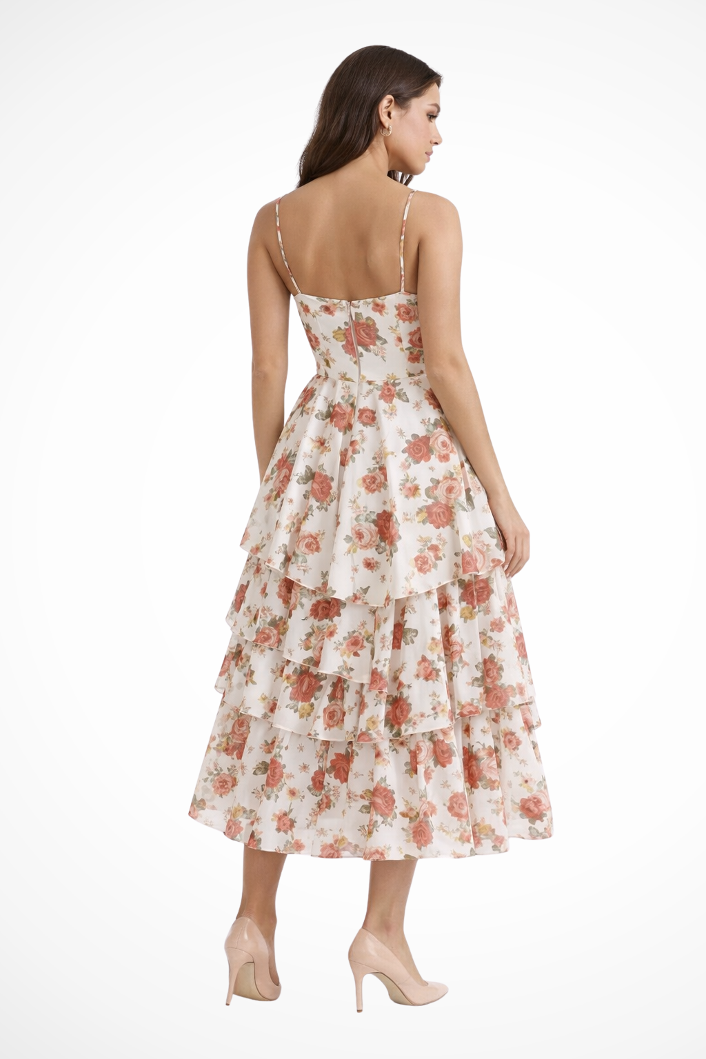 Floral Corset Midi Dress Thin Straps Tiered A-Line Skirt Wedding Guest Apparel