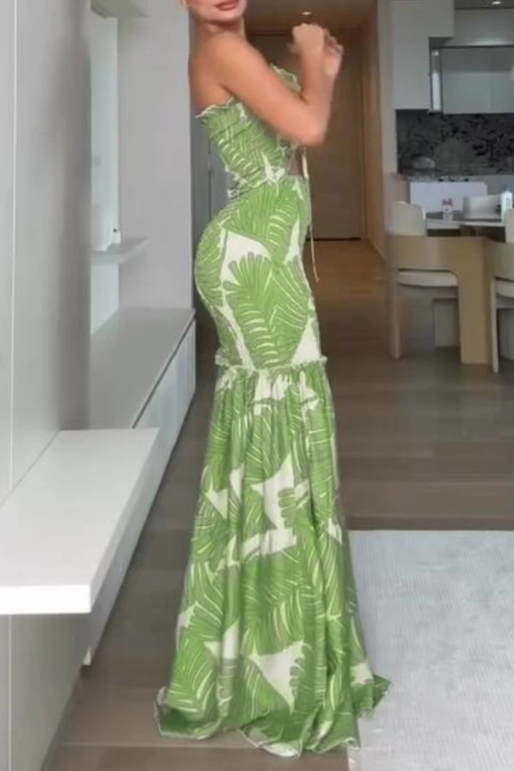 Strapless Maxi Dress Tropical Print Ruched Bodice Cut-Out Waist Summer Beach Apparel