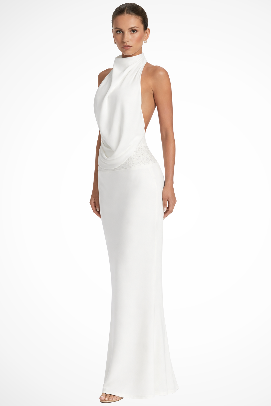 Satin Halter Neck Maxi Dress with Draped Front and Open Back