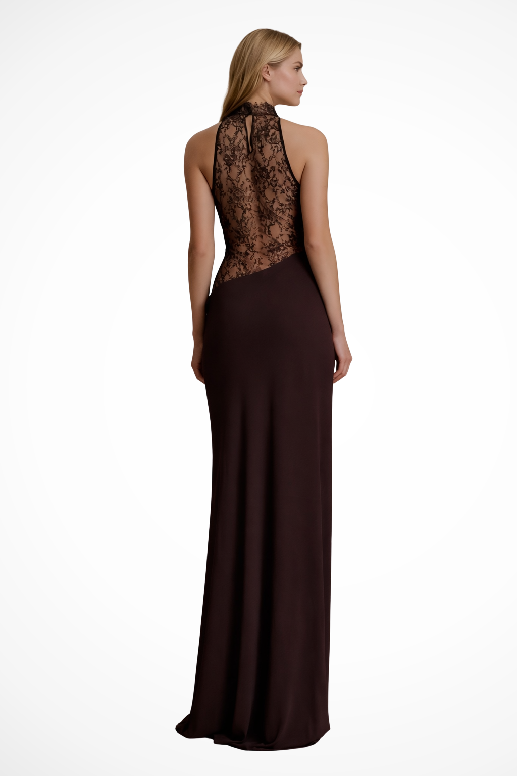 Halter Neck Lace Maxi Dress Sleeveless Wedding Guest Gown with Sheer Waist Panels