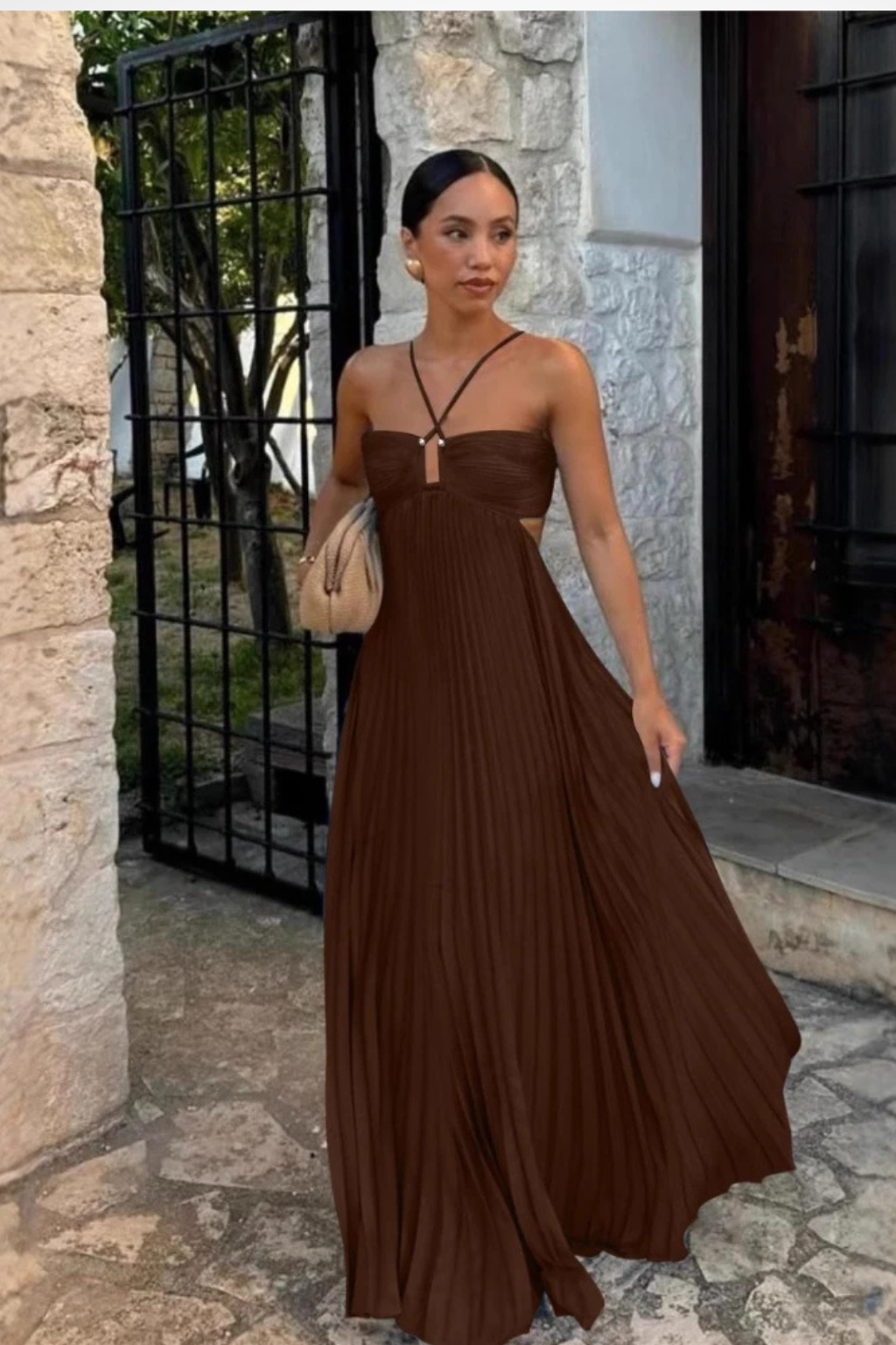 Halter Neck Pleated Maxi Dress Open Back Sleeveless Flowy Summer Long Gown