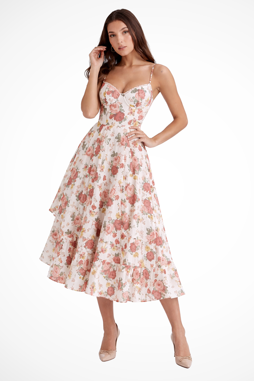 Floral Corset Midi Dress Thin Straps Tiered A-Line Skirt Wedding Guest Apparel