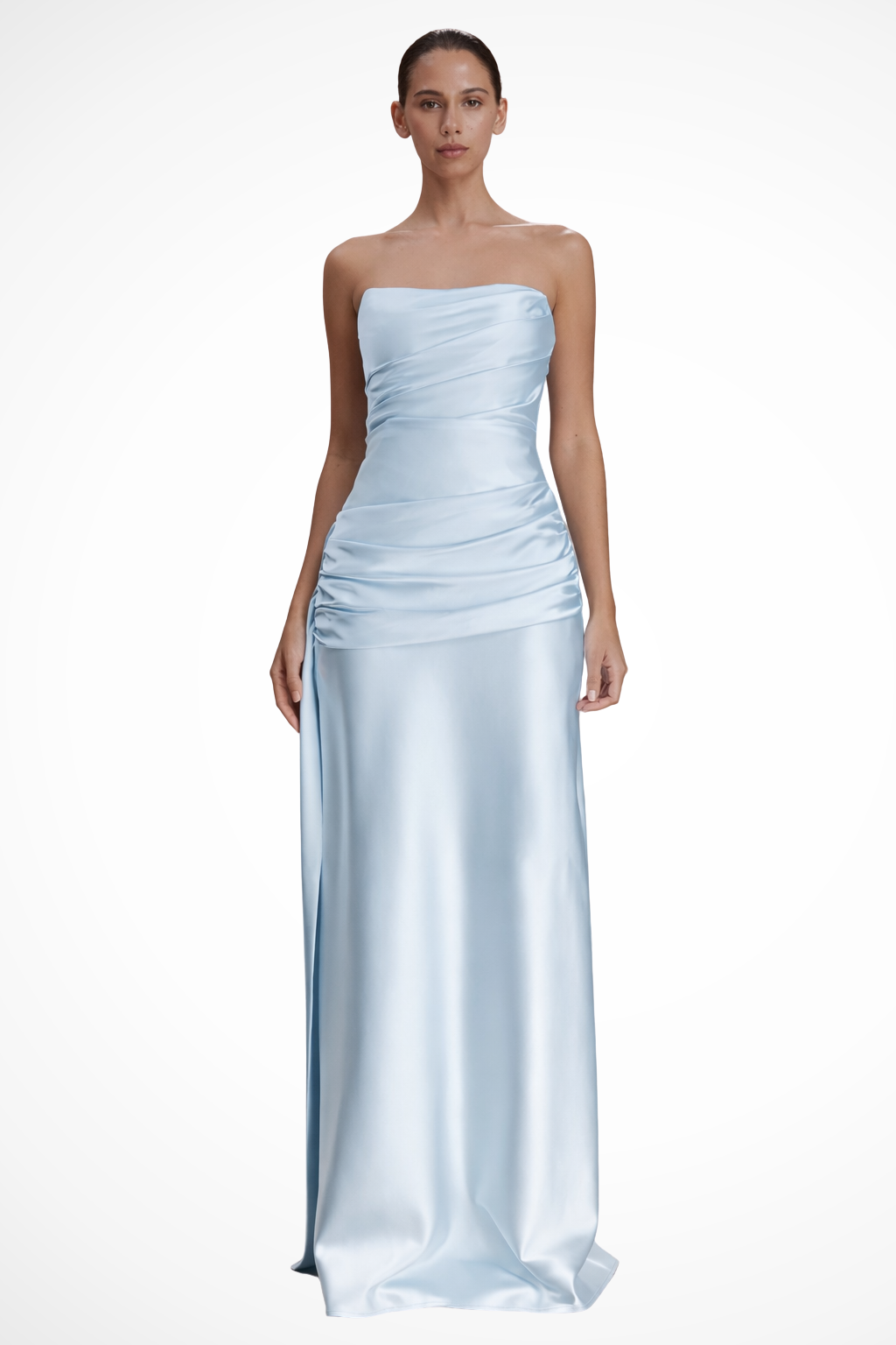 Strapless Ruched Satin Maxi Dress Wedding Guest Evening Gown with Bodycon Fit