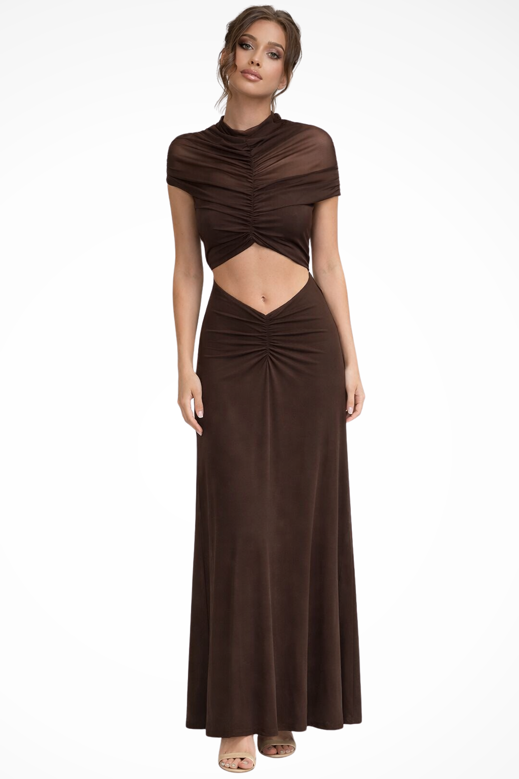 High Neck Ruched Cut Out Maxi Dress with Mesh Panels and Short Sleeves
