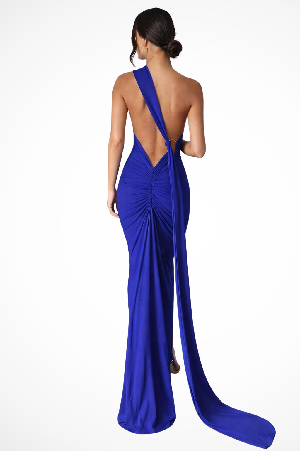 One Shoulder Backless Maxi Dress with Trailing Sash and Ruched Detail