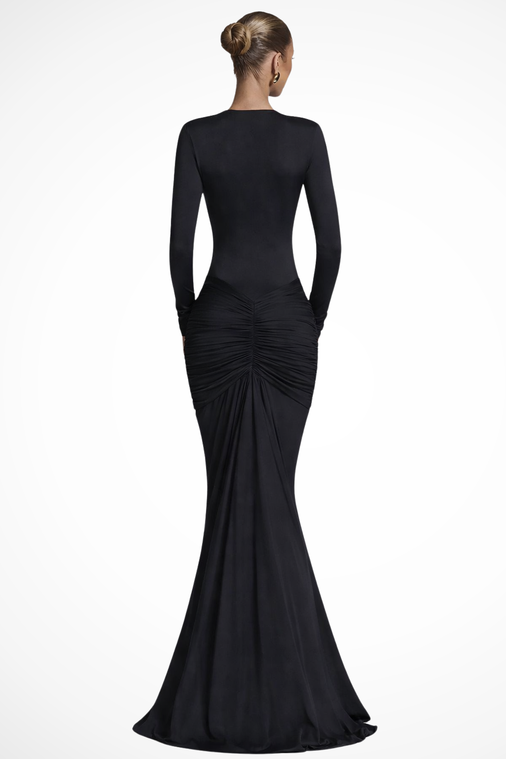 Long Sleeve Deep V-Neck Maxi Dress Ruched Fitted Wedding Guest Formal Evening Gown