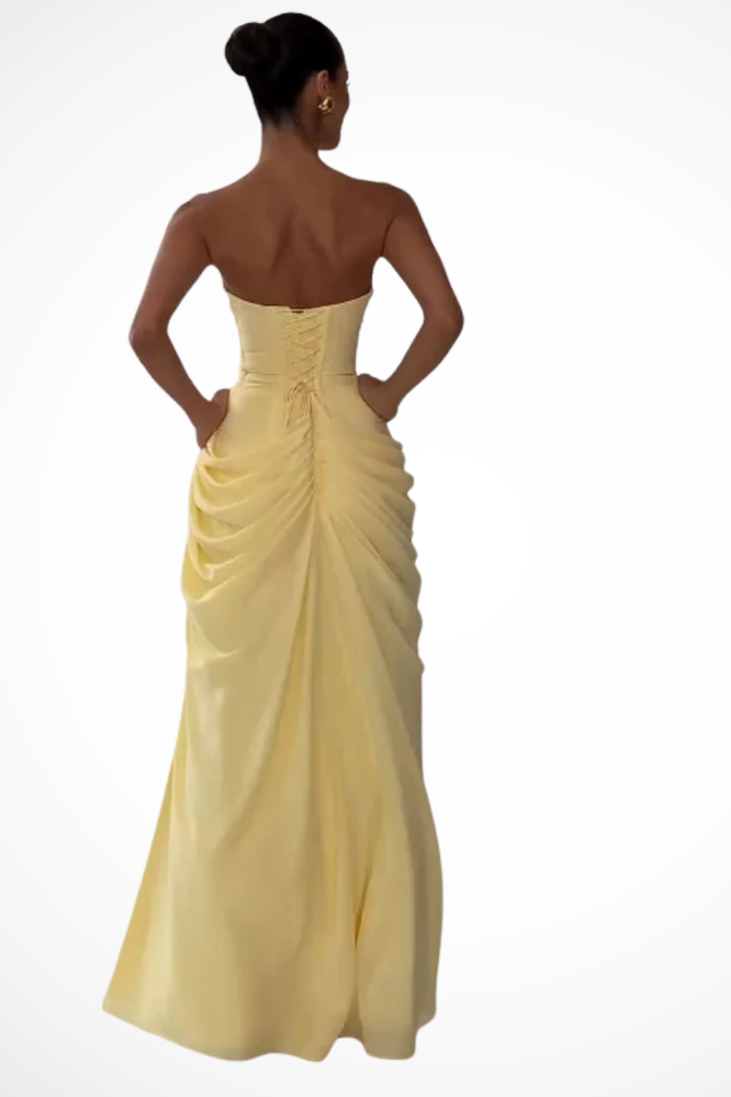 Strapless Ruched Maxi Dress Side Slit Draped Bandeau Evening Wedding Guest Dress