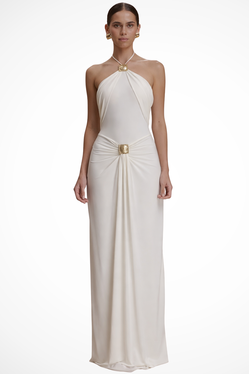 Halter Neck Maxi Dress with Square Metal Hardware Backless Bodycon Evening Gown