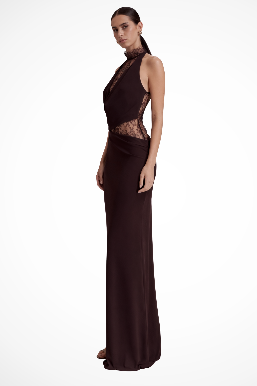 Halter Neck Lace Maxi Dress Sleeveless Wedding Guest Gown with Sheer Waist Panels